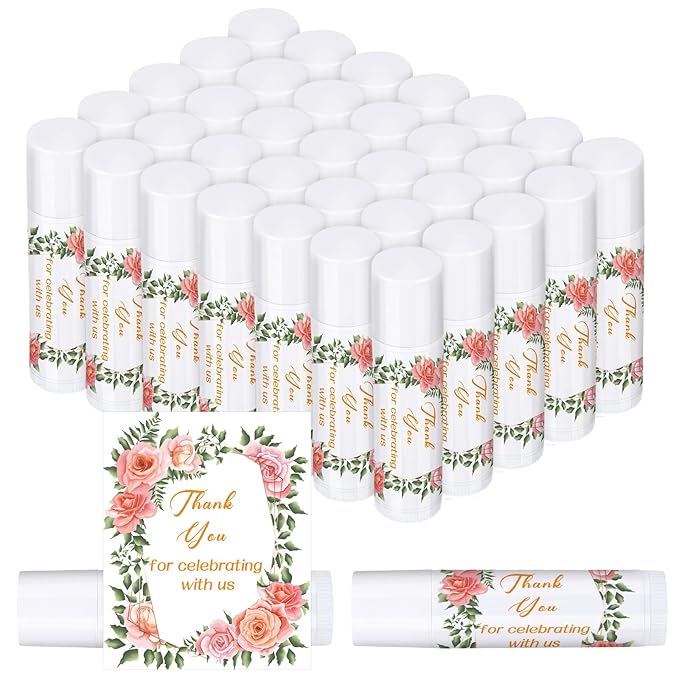 Dunzy 50 Pcs Thank You Gift Lip Balm Bulk Baby Shower Party Favors Bridal Shower Favor Lip Care with Assorted Fruit Flavors Thank You Lipstick for Guest Basket Gift Stuffer (Wedding)-Velvo Beauty