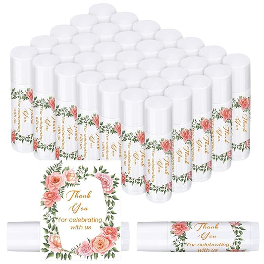 Dunzy 50 Pcs Thank You Gift Lip Balm Bulk Baby Shower Party Favors Bridal Shower Favor Lip Care with Assorted Fruit Flavors Thank You Lipstick for Guest Basket Gift Stuffer (Wedding)-Velvo Beauty