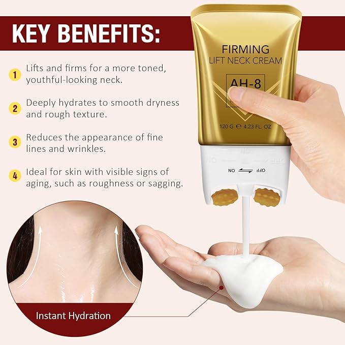 AH-8 Firming Neck Cream with Roller - Anti-Aging Moisturizer for Neck & Chest - Lifts, Tightens, Deeply Hydrates, Reduces Fine Lines & Wrinkles - For Crepey, Sagging Skin - 4.23 fl.oz-Velvo Beauty