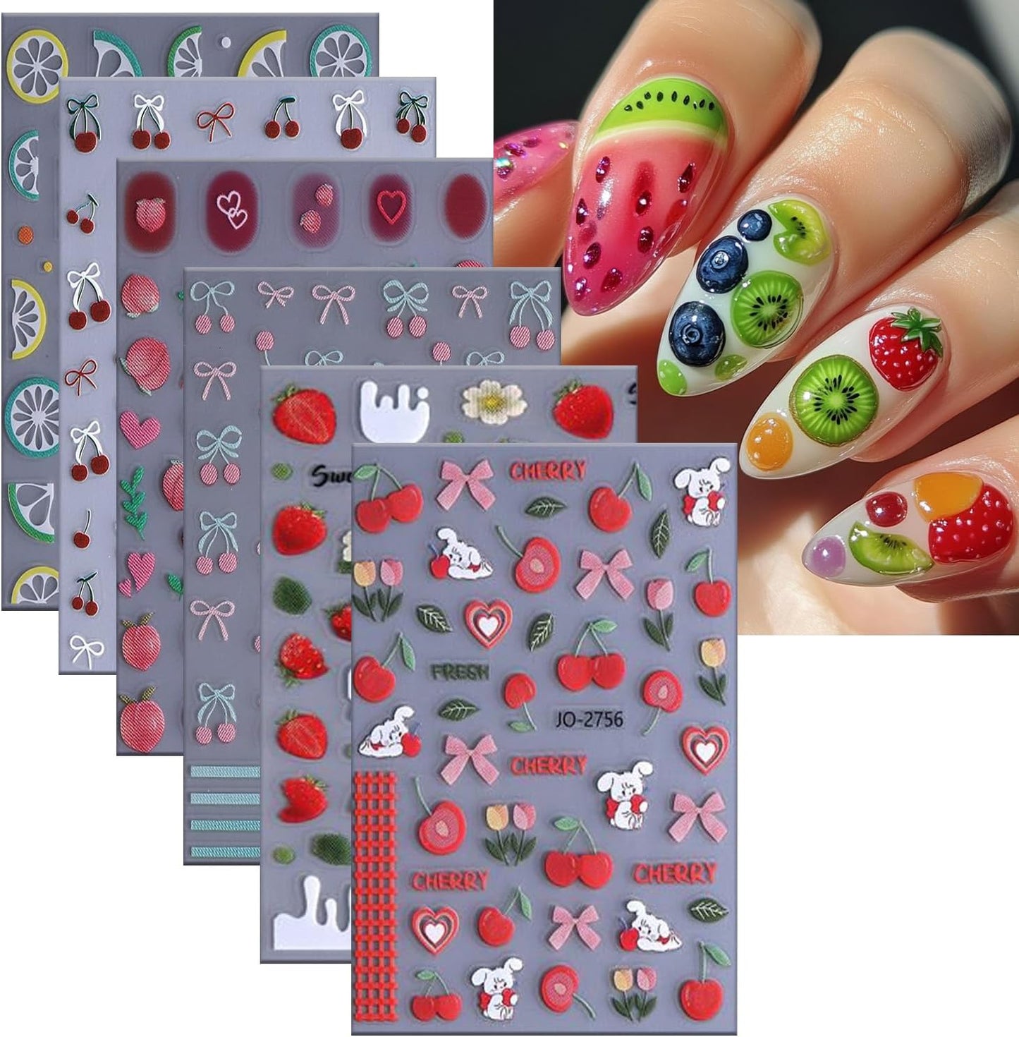 6 Sheets Fruit Nail Art Stickers 3D Self -Adhesive Cherry Strawberry Nail Decals Holographic Lemon Peach Nail Stickers Summer Cute Fruite Nail Decals Decoration for Women DIY Manicure Supplies-Velvo Beauty