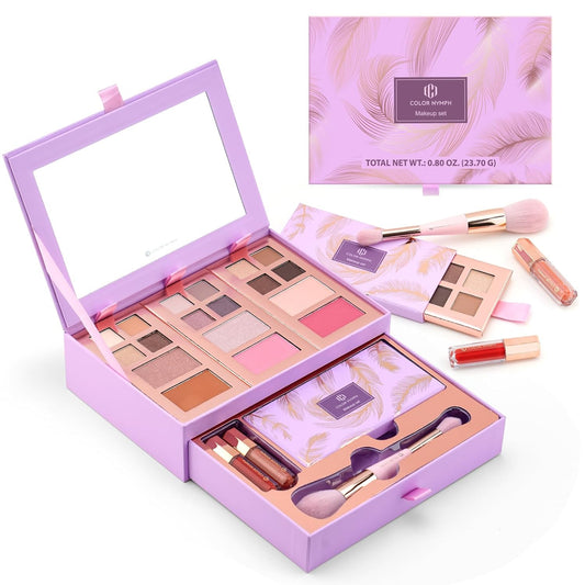 Color Nymph Small Makeup Palette Set for Face | Cosmetics Gift Set for Women & Girls | 12 Colors Eyeshadow, Blush, Highlighter, Contour Powder, Lip Gloss & Brush Kit | Travel-Friendly (Purple)-Velvo Beauty