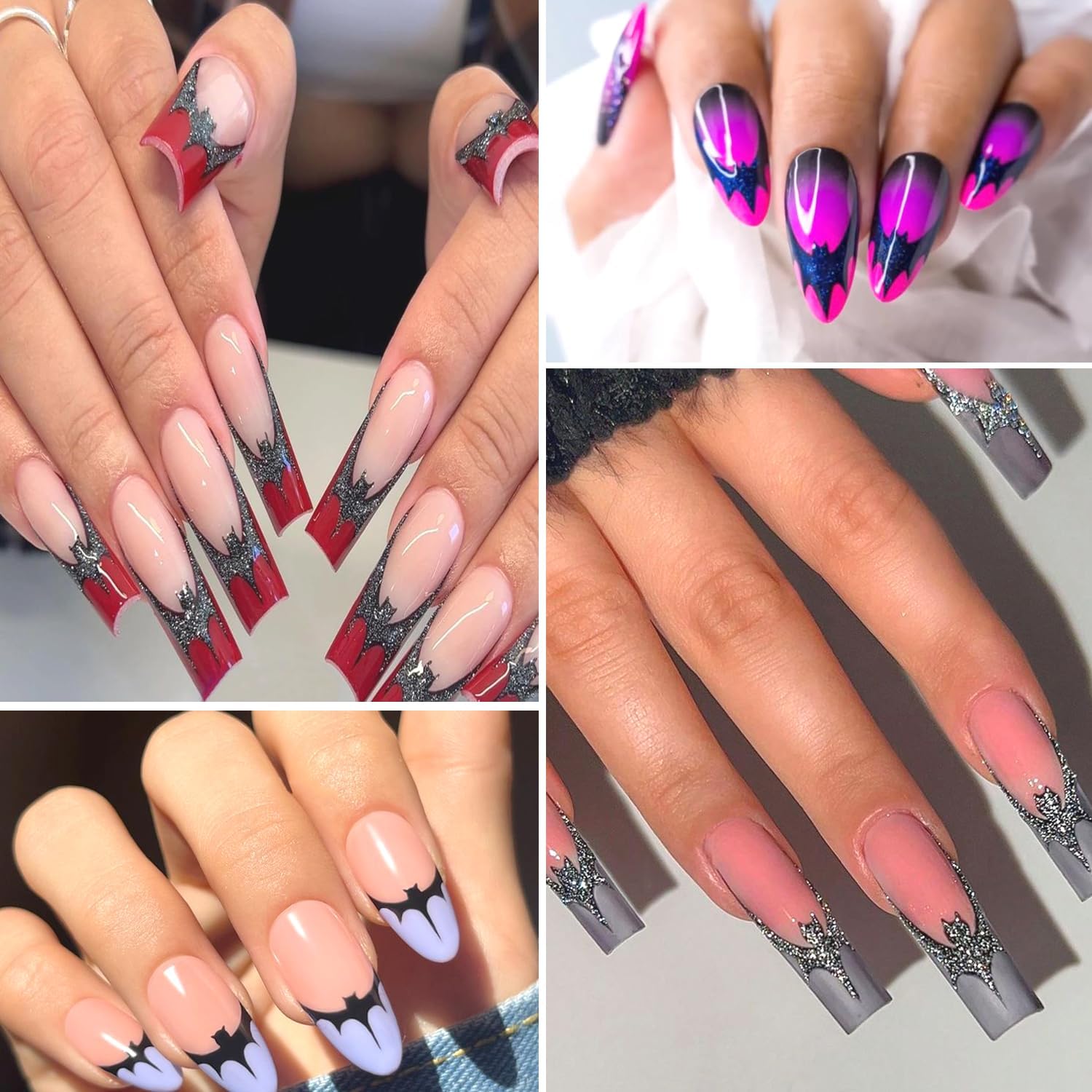 4pcs Halloween Bat Nails Art Stickers Glitter Holographic Gold Silver French Bat Design Adhesive Nail Decals Sliders Halloween French Sticker for Nails Supplies Accessories Y2K Manicure Decor-Velvo Beauty