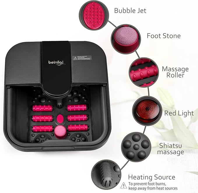 Beinilai Collapsible Foot Spa,Foot Bath with Heat and Massage and Bubble Jets,Foot Soak Tub with Six Non Motorized Rollers,Acupressure Massage Points,Red Light and Removable Pumice Stone-Velvo Beauty