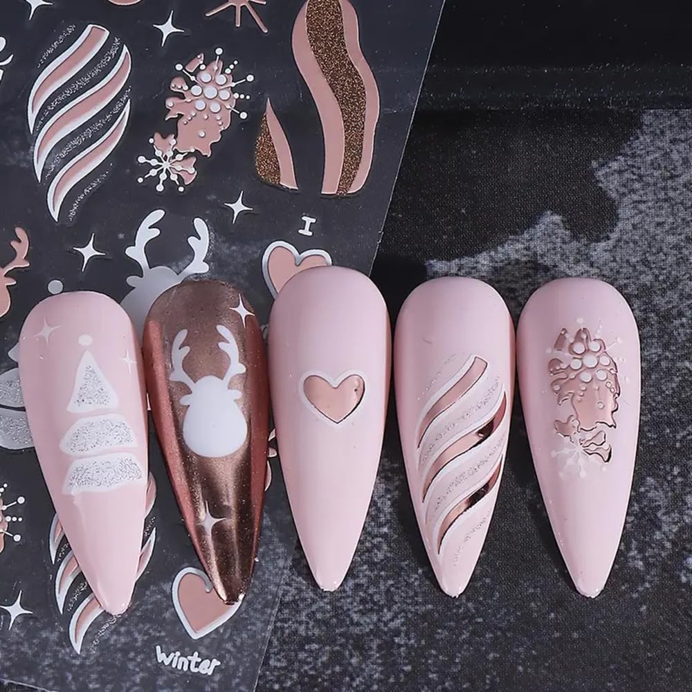 2PCS Christmas Nail Art Stickers, Winter Snowflake Reindeer Nail Stickers Christmas Gift Heart Pattern Self-Adhesive Nail Decals, DIY Nails Art Decoration, Festive Nails Supplies, Xmas Nails Charms-Velvo Beauty