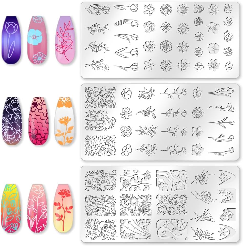 3Pcs Flower Nail Stamping Plate Set Tulips Roses Stainless Floral Steel Nail Stamp Templates Clear Silicone Nails Stamping with Stamper Scraper for Manicure Printing-Velvo Beauty