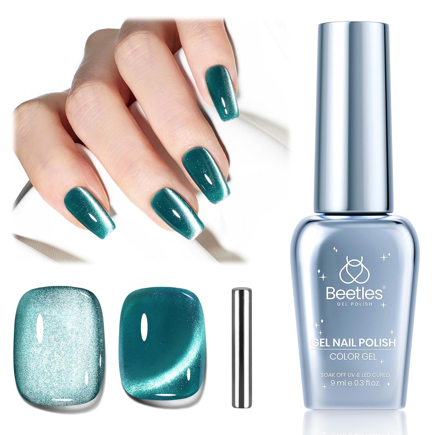 Beetles Green Cat Eye Gel Nail Polish, 9ml Glitter Gel Polish with Magnet Shimmer Green Velvet Soak Off UV LED Nail Lamp Nail Art DIY Home Manicure Design Gift for Women-Velvo Beauty