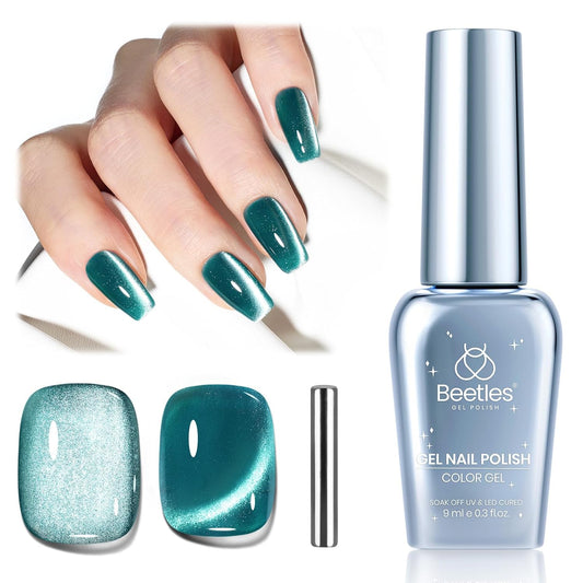 Beetles Green Cat Eye Gel Nail Polish, 9ml Glitter Gel Polish with Magnet Shimmer Green Velvet Soak Off UV LED Nail Lamp Nail Art DIY Home Manicure Design Gift for Women-Velvo Beauty