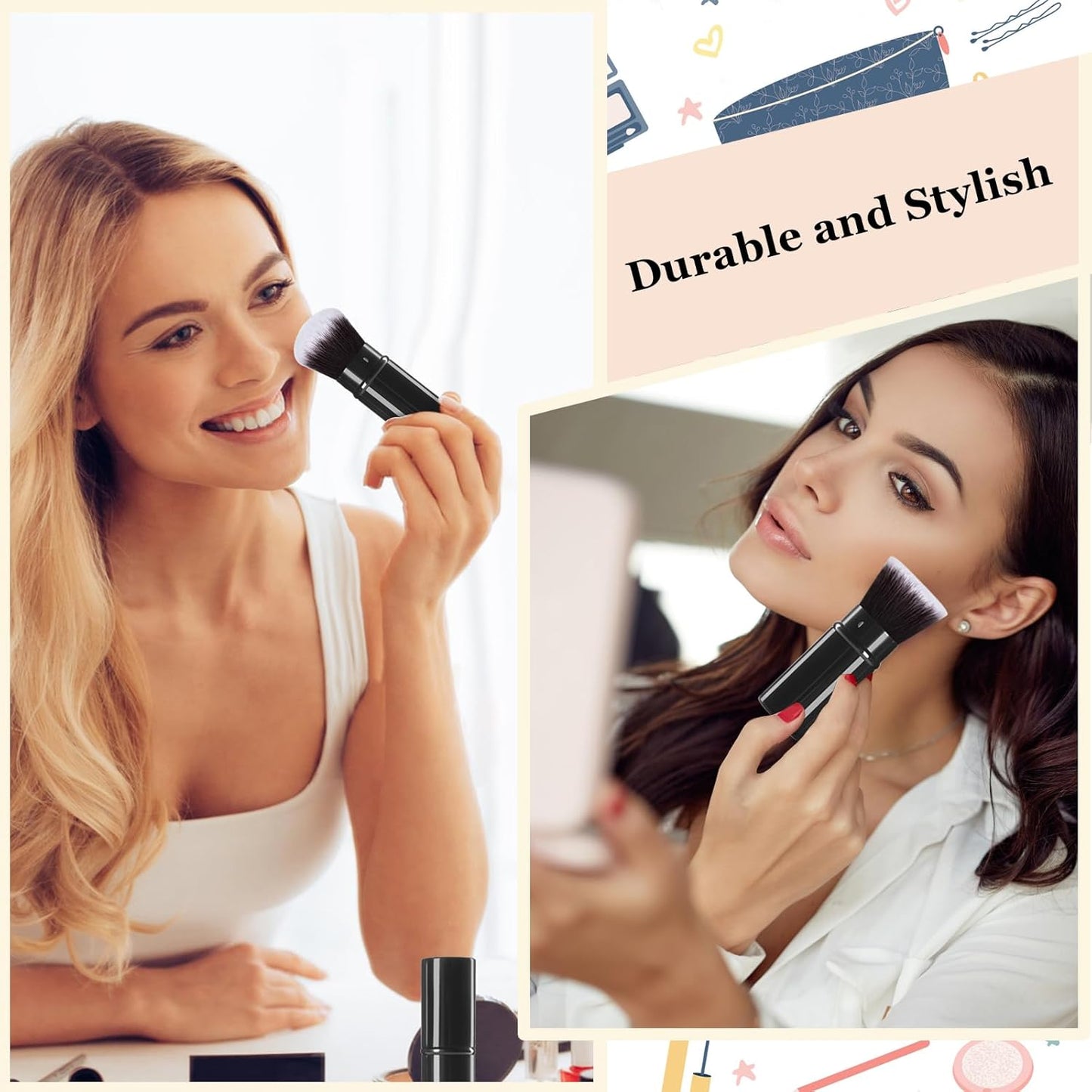 Retractable Makeup Brush 2 Pack, Travel Kabuki Powder Foundation Makeup Brush Face Blush Brushes for Blending Liquid, Blush, Bronzer, Buffing, Sunscreen,Flawless Cosmetics-Velvo Beauty