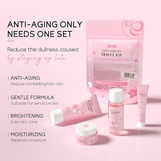Sakura Travel Skincare Set for Teenage Girls - Face Routine Set for Women,4 Piece Gentle Skin Cleaning & Care Travel Size Kit With Cleanser, Toner, sunscreen and Face Cream-Velvo Beauty
