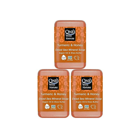 One With Nature Dead Sea Salt Turmeric Soap 4oz 3-Pack – Purifying and Exfoliating Soap Bar with Dead Sea Minerals and Turmeric for Face & Body, for Men & Women-Velvo Beauty