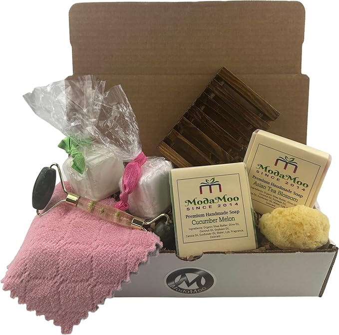 ModaMoo's Day Spa Gift Box Set. Cucumber Melon and Asian Tea Blossom Soaps, Jade Roller, Sea Sponge, and More-Velvo Beauty