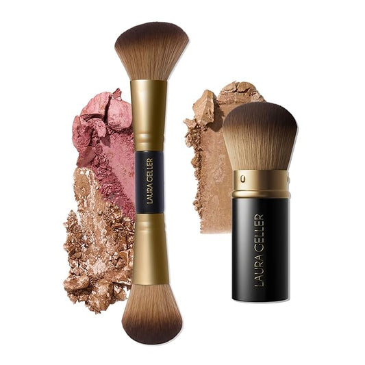 LAURA GELLER NEW YORK Face It All 2pc Makeup Brush Set - Retractable Airbrush Kabuki Brush + Dual-Ended Blush and Bronzer Brush-Velvo Beauty