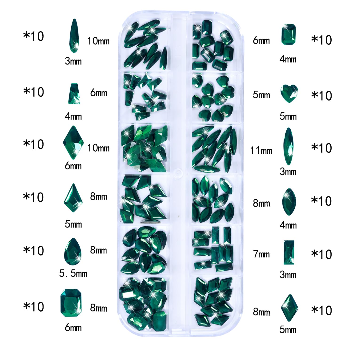 HNUIX Nail Rhinestones - 3D Multi Shape Size, Emerald Green Nail Gems, Flat Back, with Kit, for Nail Art, DIY Decorations-Velvo Beauty