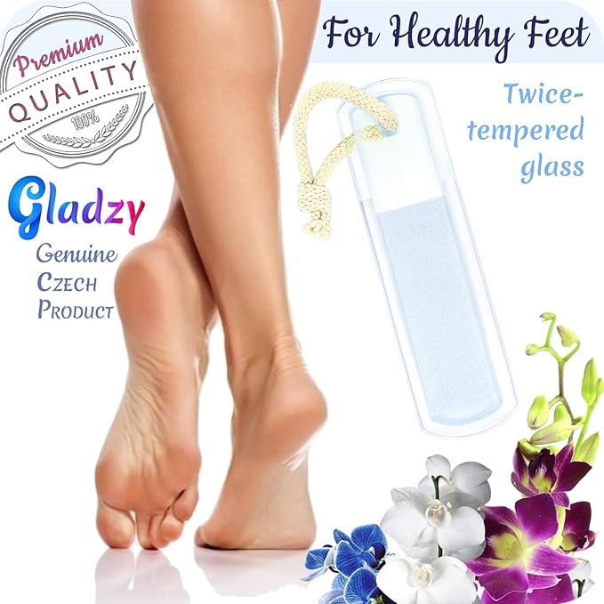 Genuine Czech Glass Foot File by GLADZY - Gentle Callus Remover Foot Rasp, Pedicure & Spa Rough Skin Scrubber, Two-Sided Etched Different Grit Surface, Professional Toenail & Heels Care, Made in EU-Velvo Beauty