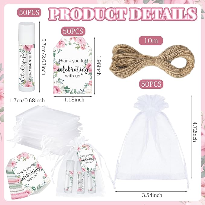 Dunzy 50 Pack Bridal Shower Favors Gifts Bulk Lip Balms Peony Wedding Favors Bachelorette Baby Shower Favor Prizes Souvenirs Thank You Appreciation Gifts for Guests Women Coworker Staff-Velvo Beauty