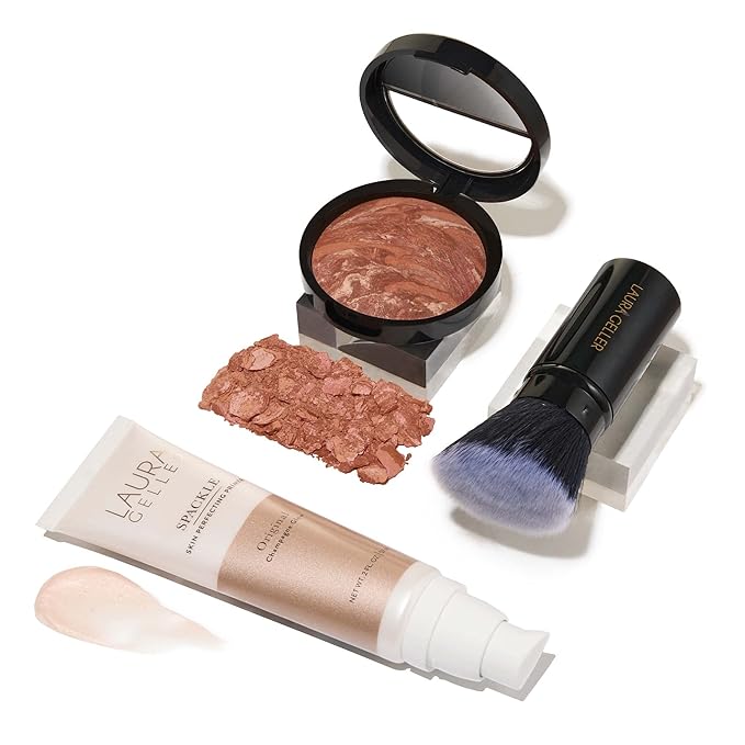 LAURA GELLER NEW YORK Ready-n-Radiant Kit (3 PC) - Baked Bronze-n-Brighten, Deep + Spackle Super-Size Skin Perfecting Primer, Champagne Glow + Retractable Angled Kabuki Brush-Velvo Beauty