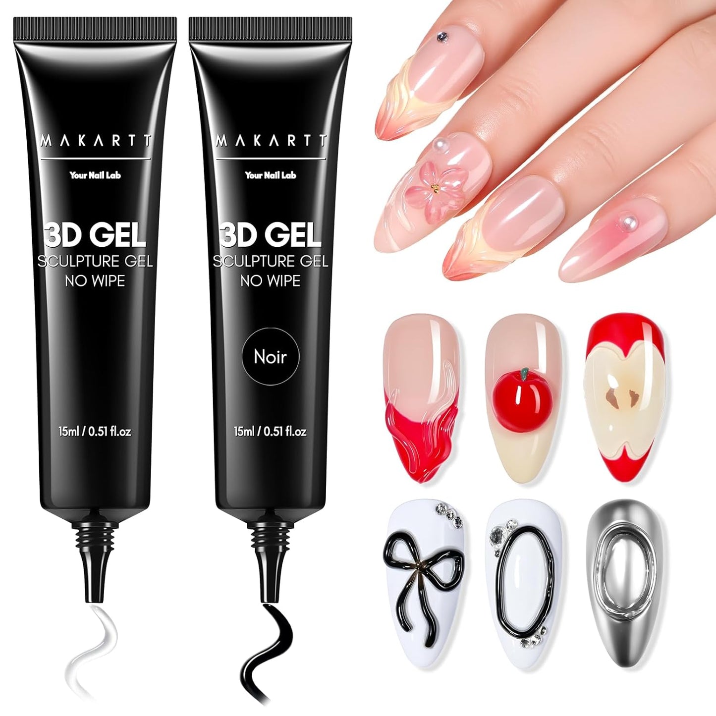 Makartt 3D Gel Nail Art Set – Clear & Noir Sculpting Gel for DIY Embossed Nail Designs – No Wipe Easy-Squeeze Tube Nail Glue for 3D Drawing, Molding, Rhinestones & Decoration (2 x 15g)-Velvo Beauty
