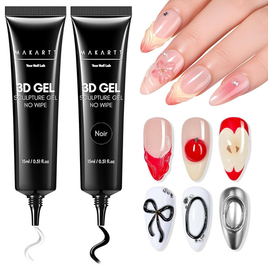 Makartt 3D Gel Nail Art Set – Clear & Noir Sculpting Gel for DIY Embossed Nail Designs – No Wipe Easy-Squeeze Tube Nail Glue for 3D Drawing, Molding, Rhinestones & Decoration (2 x 15g)-Velvo Beauty