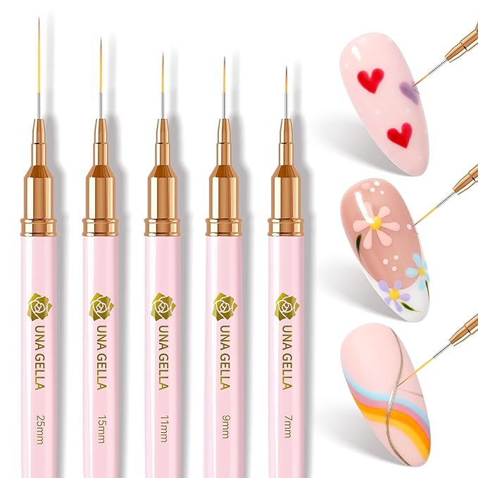 UNA GELLA Nail Art Brushes Metallic, 5 Count Liner Pens Set For Nail Art Gel Polish, Detail Nail Art Design Painting Brush Set For Nails Gel Fine Drawing Nail Tools, Sizes 7/9/11/15/25mm-Velvo Beauty