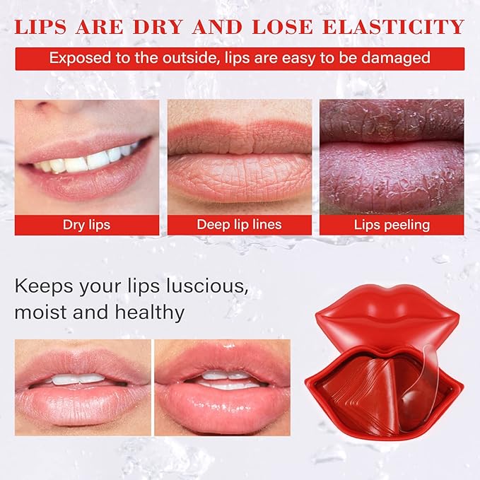 Lip Masks Sheet,Moisturizing Crystal Collagen Gel,Anti-Aging Lip Patches Reduces Lip Lines,Plump Dry Lips Overnight Lip Care,Fall/Winter Collagen Lip Sleep Mask 20 Packs with Box,Red-Velvo Beauty
