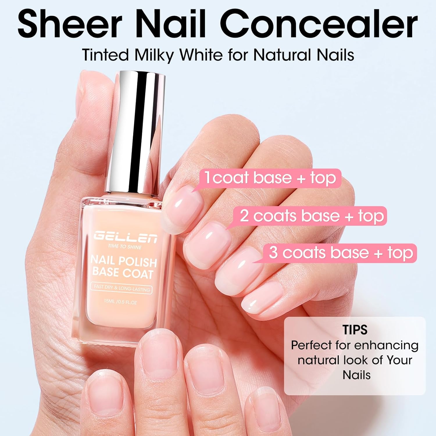 GELLEN 4‑in‑1 Clear Nail Polish Base Coat Sheer Tinted Cream Milky, Ridge Filler For Nails, Nail Strengthener Concealer, Calcium Formula Smoothes Strengthens Nails, Enhances Natural Look, HEMA Free-Velvo Beauty