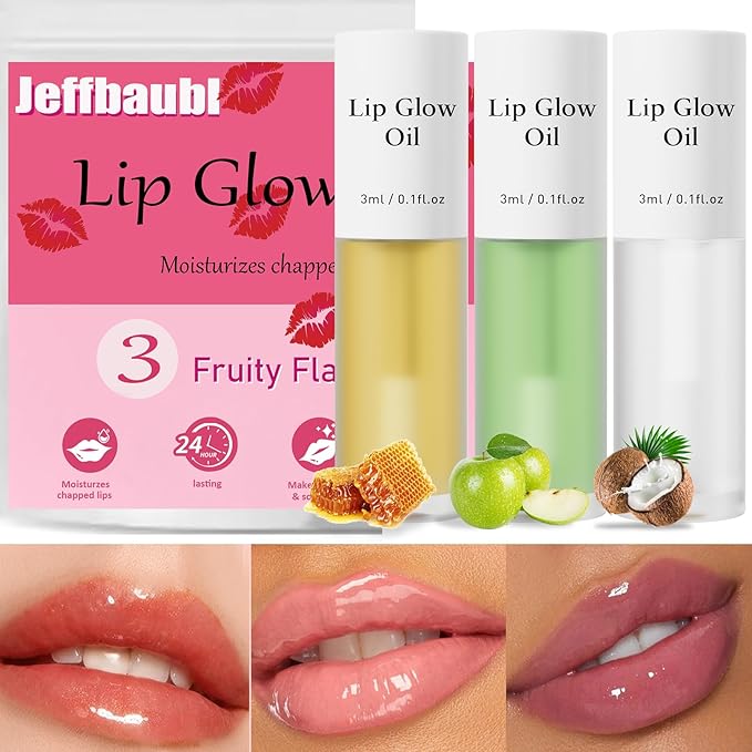 Hellokiss 3Pcs Lip Glow Oil,Moisturizing Lip Plumper Gloss,3 Fruit Flavoured Lip Balm Lip Care,Clear Plumping Lip Gloss,Non-Sticky Long Lasting Hydrating Lip Oil(Honey,Green Apple,Coconut)-Velvo Beauty