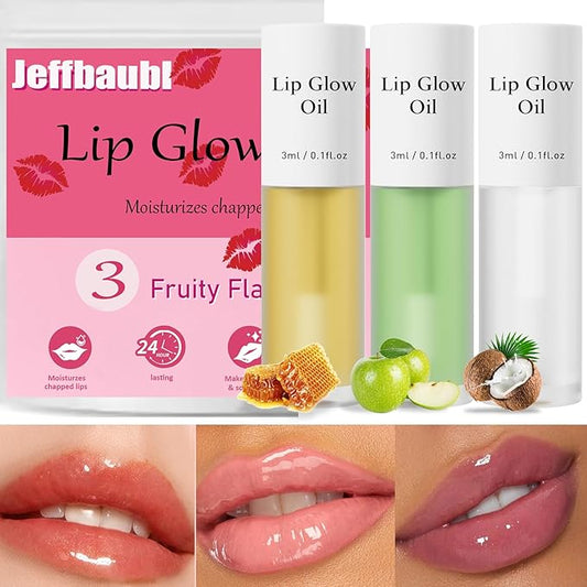 Hellokiss 3Pcs Lip Glow Oil,Moisturizing Lip Plumper Gloss,3 Fruit Flavoured Lip Balm Lip Care,Clear Plumping Lip Gloss,Non-Sticky Long Lasting Hydrating Lip Oil(Honey,Green Apple,Coconut)-Velvo Beauty