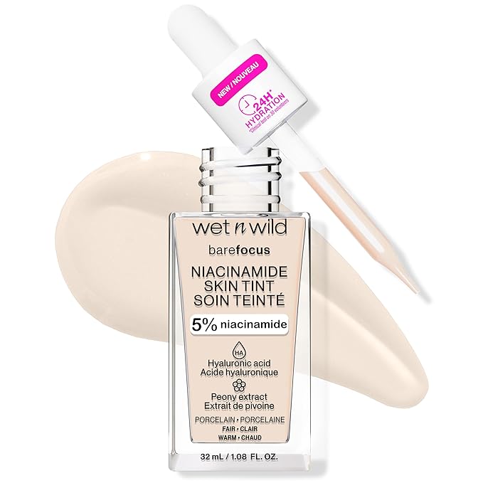 wet n wild Bare Focus Skin Tint, 5% Niacinamide Enriched, Buildable Sheer Lightweight Coverage, Natural Radiant Finish, Hyaluronic & Vitamin Hydration Boost, Cruelty-Free & Vegan - Porcelain-Velvo Beauty