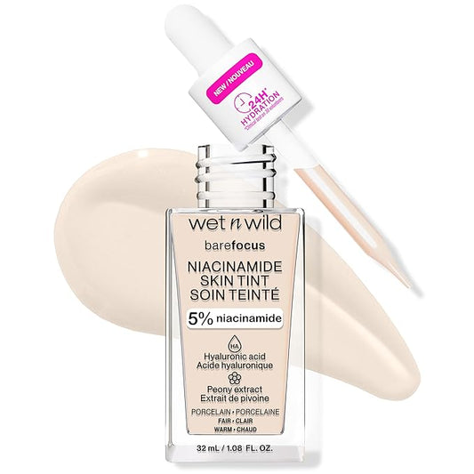 wet n wild Bare Focus Skin Tint, 5% Niacinamide Enriched, Buildable Sheer Lightweight Coverage, Natural Radiant Finish, Hyaluronic & Vitamin Hydration Boost, Cruelty-Free & Vegan - Porcelain-Velvo Beauty