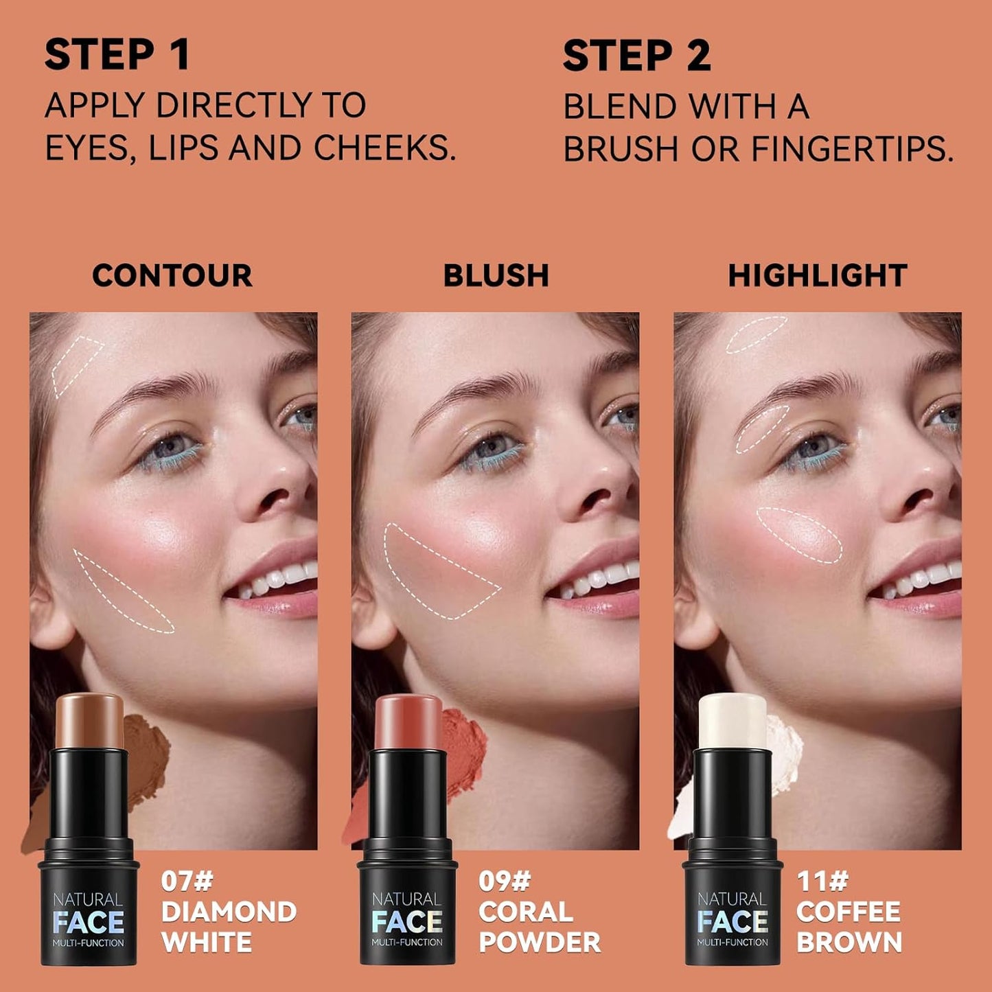 3Pcs Cream Contour Stick Makeup Kit, Shades with Highlighter, Blush and Bronzer Contour Stick for Sculpt the Cheeks, Long Lasting, Waterproof, Matte & Dewy Finish FAIR(7+9+11)-Velvo Beauty