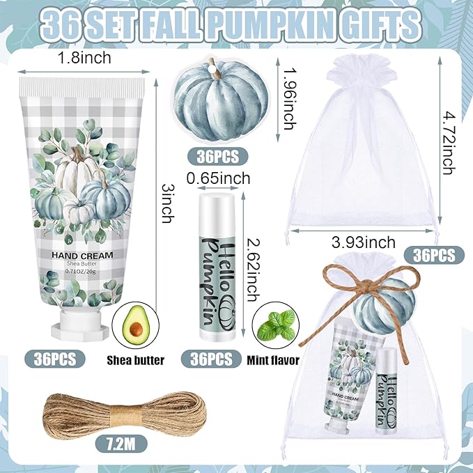 144 Pcs Fall Lip Balm Hand Cream Set Party Favors, Include 36 Blue Pumpkin Lip Balm 36 Moisturizing Hand Cream 36 Bags 36 Cards and Ropes for Autumn Accessories Gifts-Velvo Beauty