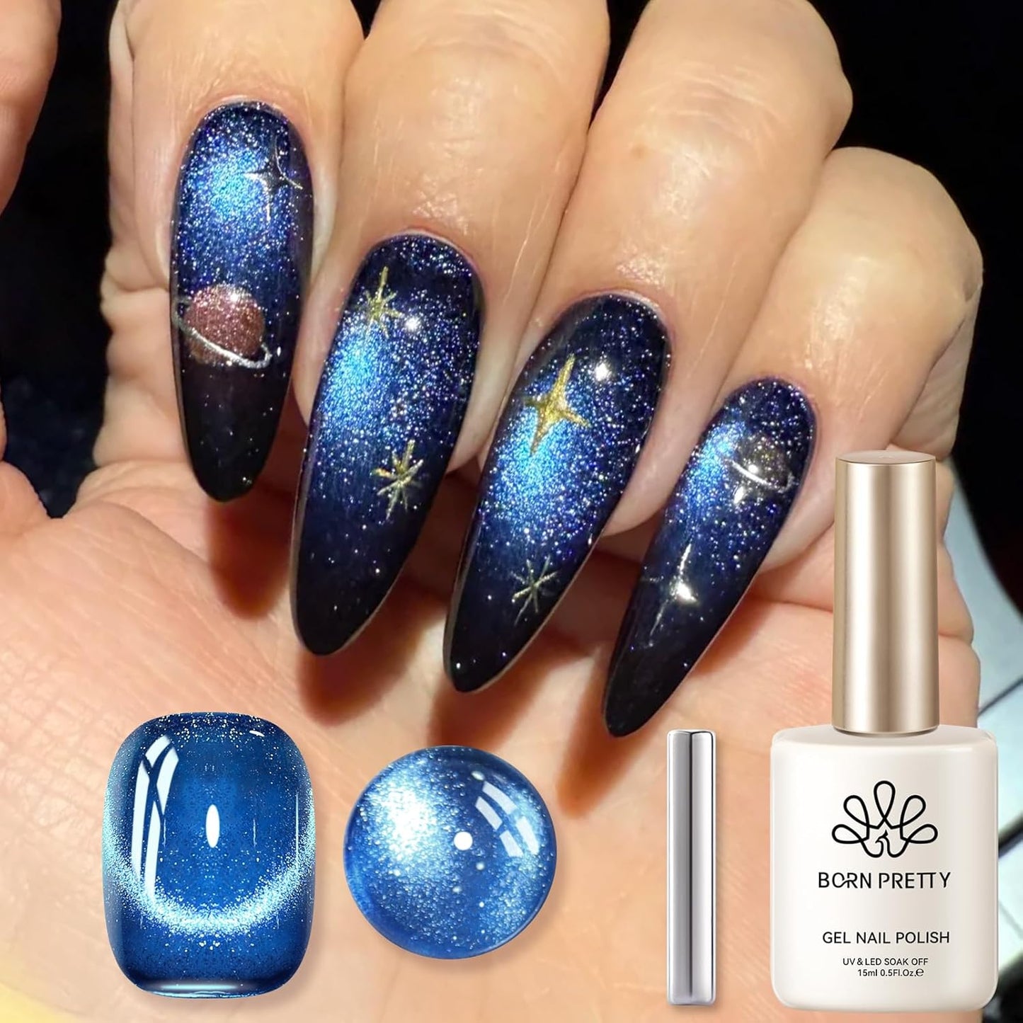 Born Pretty Cat Magnetic Eye Gel Nail Polish, Royal Blue Glitter Cat Magnetic Gel Nail Polish, Holographic Magnetic Nail Polish for Nail Art Manicure Salon DIY at Home 15ML-Velvo Beauty