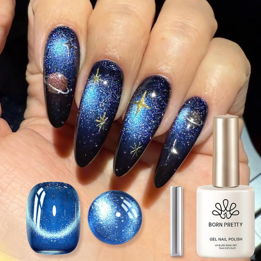 Born Pretty Cat Magnetic Eye Gel Nail Polish, Royal Blue Glitter Cat Magnetic Gel Nail Polish, Holographic Magnetic Nail Polish for Nail Art Manicure Salon DIY at Home 15ML-Velvo Beauty
