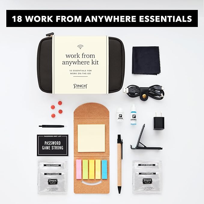 Pinch Provisions Work from Anywhere Kit, Includes 18 Essentials to Help You Stay on Task, Must-Have Essentials, Compact Multi-Functional Vegan Leather Pouch, Black-Velvo Beauty