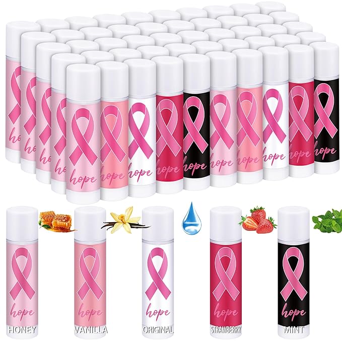 50 Pack Breast Cancer Awareness Favors Bulk Lip Balms Gifts Pink Ribbon Lip Balms Favors Breast Cancer Awareness Month Accessories Support Party Items Decorations for Women Men Survivors-Velvo Beauty