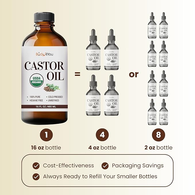 BodyJ4You Castor Oil for Eyelashes Eyebrows - 100% Pure Natural USDA Organic Cold Pressed - Hydrating Skin Hair Growth Oil Lashes Scalp - Non-GMO Hexane Free Unrefined Carrier - Glass Bottle 16 Fl Oz-Velvo Beauty