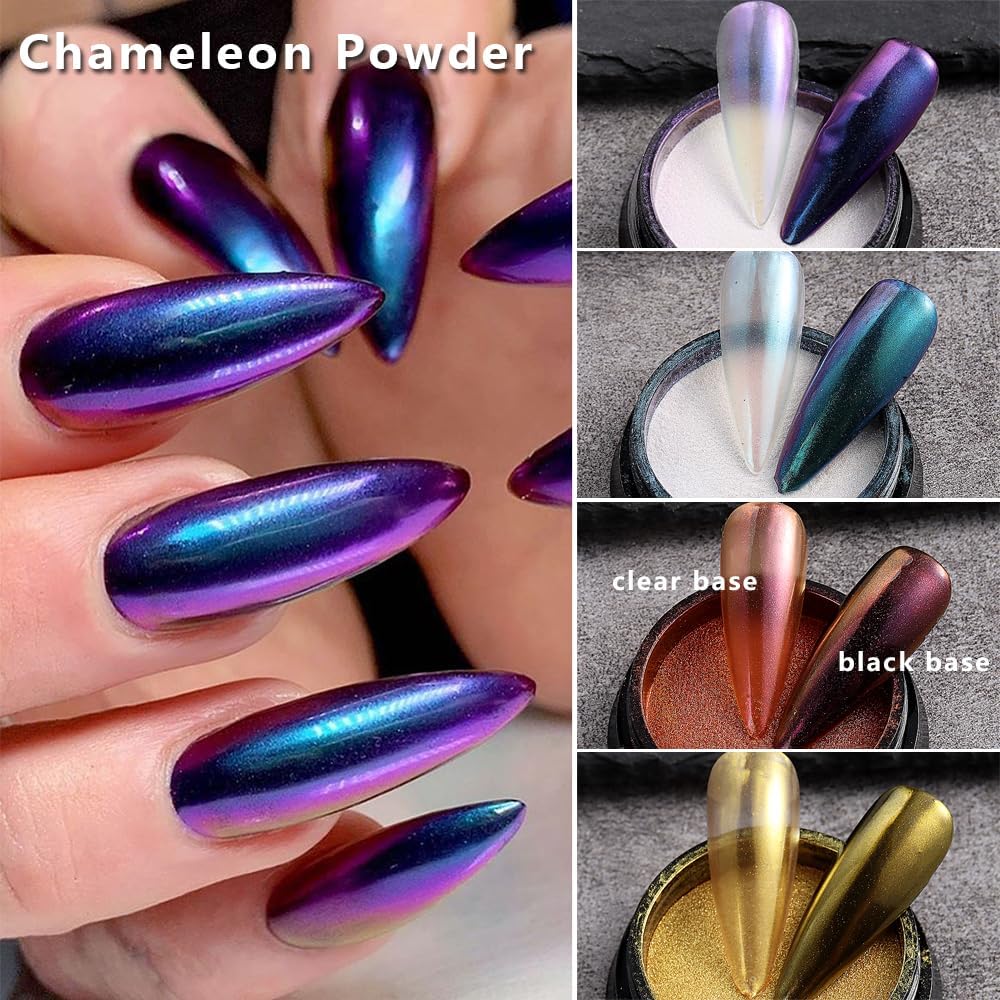16 Colors Chrome Nail Powder Set, Metallic Mirror Effect Holographic Aurora Chameleon Pigment Glitter for Gel Polish Manicure Nail Art Decorations-Velvo Beauty