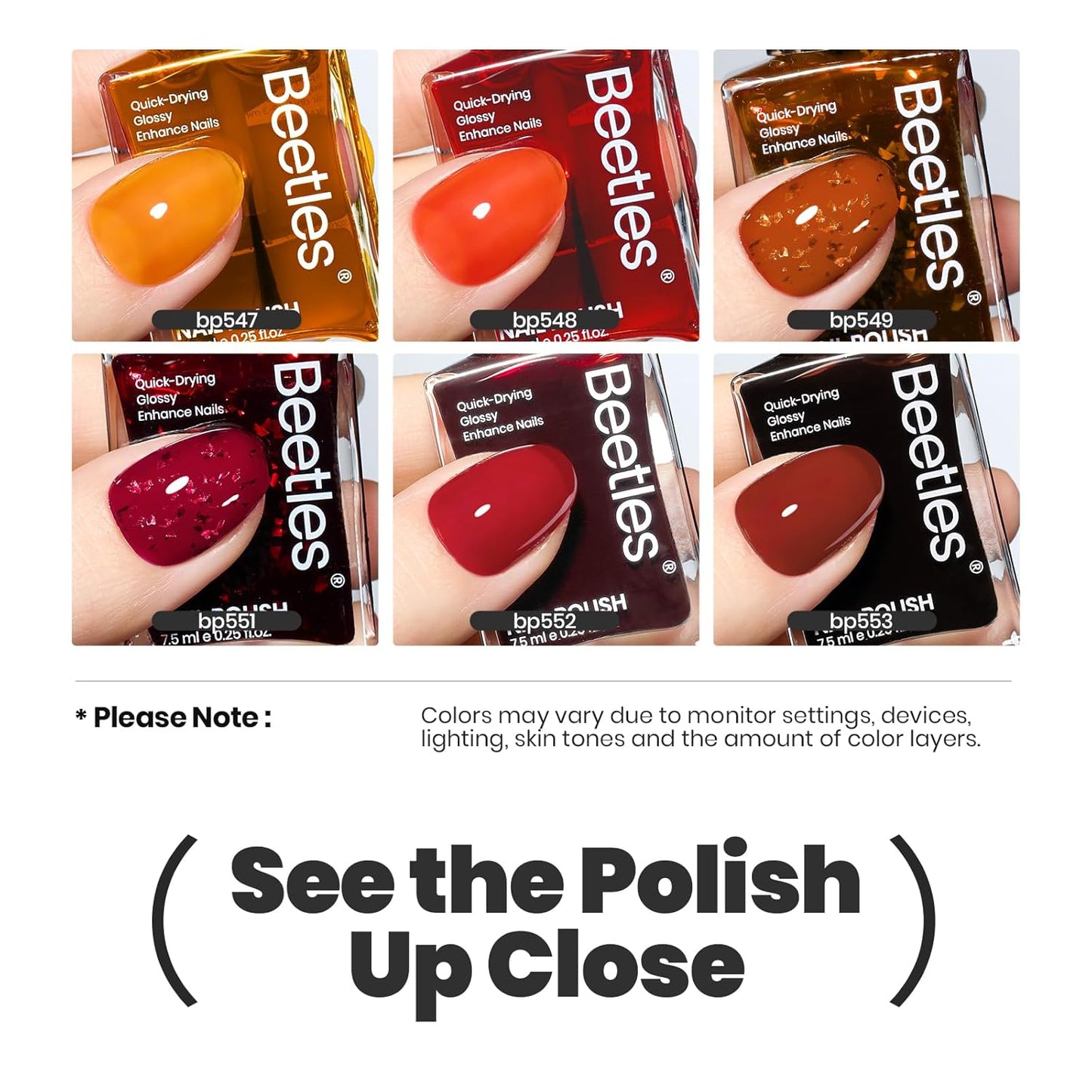 Beetles Fall Nail Polish Set - Golden Harvest 6 Colors Quick Drying Long-Lasting Burgundy Red Orange Jelly Glitter Nail Polish for DIY At-Home Manicure Gift for Women-Velvo Beauty