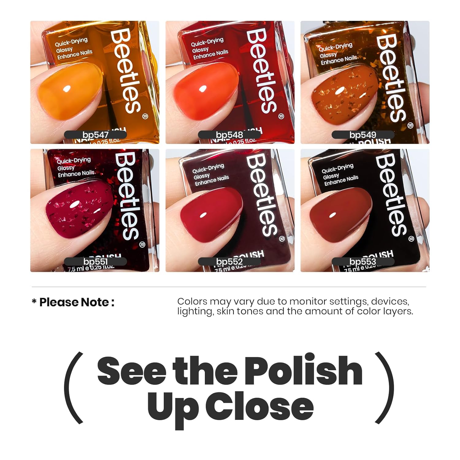 Beetles Fall Nail Polish Set - Golden Harvest 6 Colors Quick Drying Long-Lasting Burgundy Red Orange Jelly Glitter Nail Polish for DIY At-Home Manicure Gift for Women-Velvo Beauty