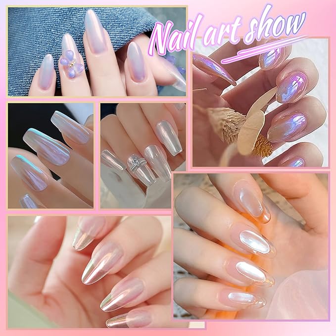 Laza White Pearl Chrome Nail Powder, 8 Colors Metallic Mirror Effect Pigment, Ice Transparent Aurora Nail Glitter Dust Kit for Gel Nail Art Decoration, Resin Craft, Gifts - Colorful White-Velvo Beauty
