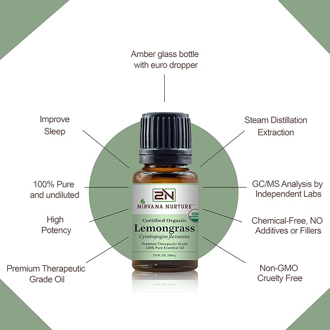 Lemongrass Essential Oil USDA Certified Organic 100% Pure Premium Therapeutic Grade, Undiluted - Aromatherapy Diffuser for Calm and Relaxation, Skin Care, Hair Care-Velvo Beauty