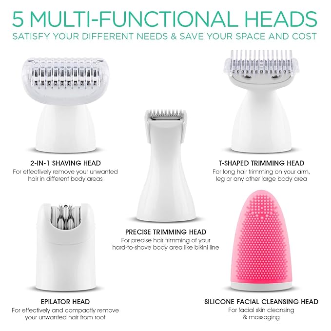VOYOR Electric Shaver for Women Bikini Trimmer Hair Remover for Face Body, 5 in 1 Groomer Kit Lady Shaver Bikini Razor Women for Hair Trimmer, Cordless Rechargeable Waterproof ES500-Velvo Beauty