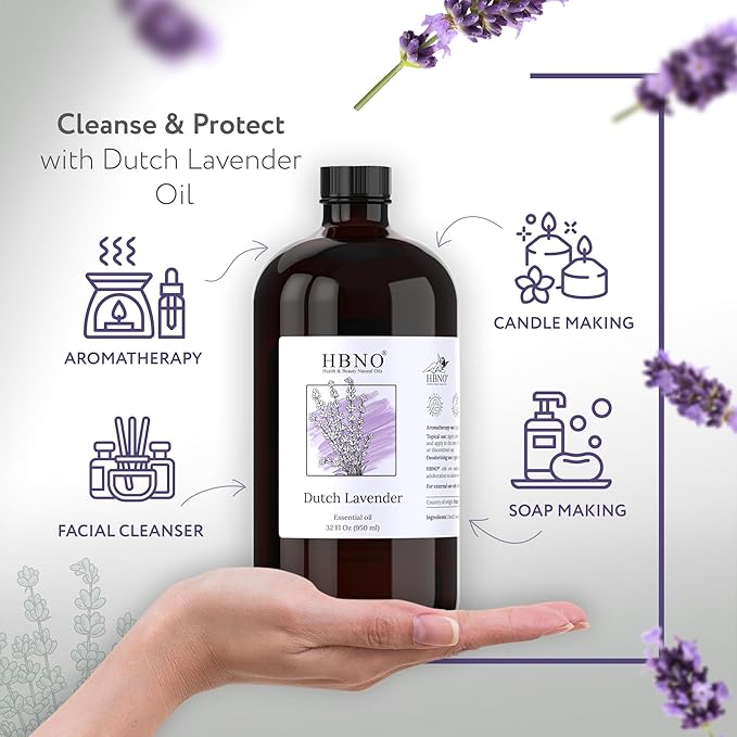 HBNO Lavender Dutch Oil - 32 oz (950 ml) Large Size - Ideal for Shampoos, Conditioners, Mouth Washes, Face wash, Lotions, and Skin Care Products (Glass Bottle).-Velvo Beauty