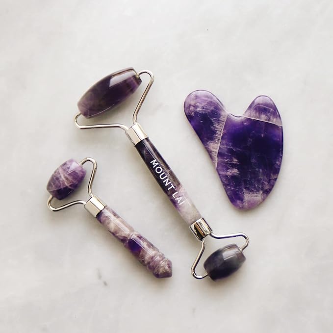 Mount Lai Amethyst Trio Calming Facial Set, Facial Roller and Amethyst Gua Sha Facial Tools Set, Guasha Tool for Face to Relieve Muscle Tension and Reduce Puffiness, Anti Aging Skin Care Sets-Velvo Beauty