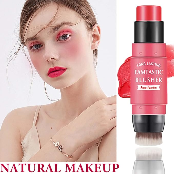 Cream Blush Stick,Blush Stick for Cheeks with Contour Brush,3-in-1 Long Lasting Waterproof Blush&Eye Shadow&Lip Gloss for All Skin Types（02 Rose Pink）-Velvo Beauty