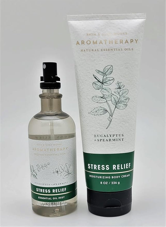Bath & Body Works - Aromatherapy - Eucalyptus Spearmint – Stress Relief - 2 pc Bundle - Essential Oil Mist- 5.3 fl oz - & Body Cream - 8 oz-Velvo Beauty