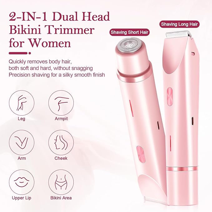 Dermave Bikini Shaver 2.0, 2025 New Glow Aura Bikini Trimmer for Women, 2 in 1 Dual Head Electric Razors for Women, IPX7 Waterproof Wet & Dry Electric Shaver, Rechargeable Portable Body Shaver (Pink)-Velvo Beauty