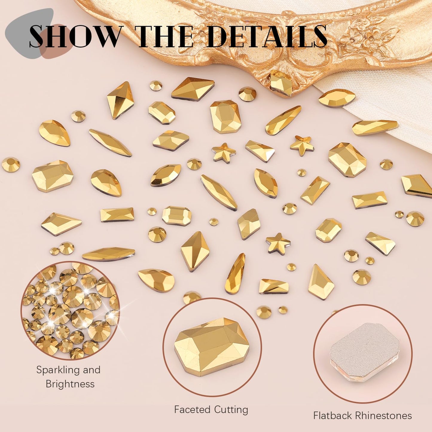 3220Pcs Mineral Gold Glass Nail Rhinestones 120Pcs Multi Shapes Flatback Nail Gems + 3100Pcs 1.5-4mm Round Crystal with Rhinestones Glue Gel, Manicure Nail Charms Diamond Gemstone for Nail Art-Velvo Beauty