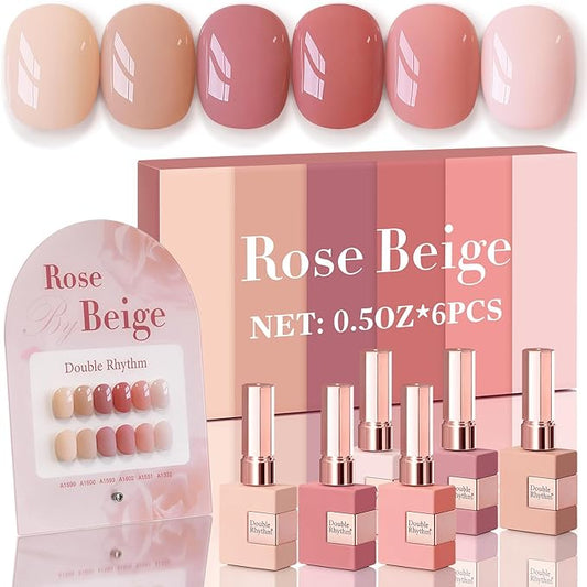 Double Rhythm 6 Pcs 15 ML Gel Polish Set Same Color Same Bottle Soak Off Gel Polish Kit Nail Art Manicure Salon DIY at Home for Women (Rose Beige Nude Cream Rose Coral-T6-20)-Velvo Beauty