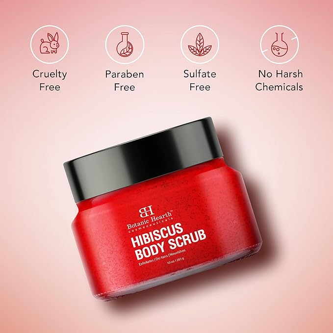 Botanic Hearth Hibiscus Body Scrub Exfoliator | Hydrating Raw Sugar Scrub | Natural Body Scrub For Skin Care, Stretch Marks, Acne & Cellulite, Eczema, Age Spots & Varicose Veins | 10 Oz-Velvo Beauty